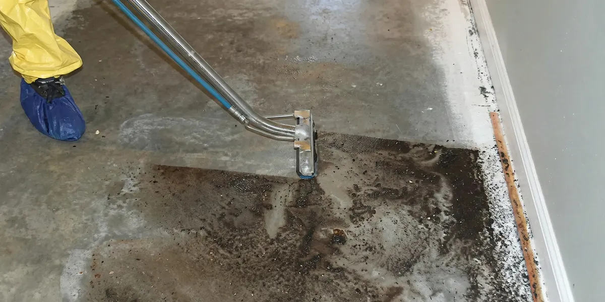 sewage removal technicians extracting contaminated wastewater from a residential floor in Tacoma, WA